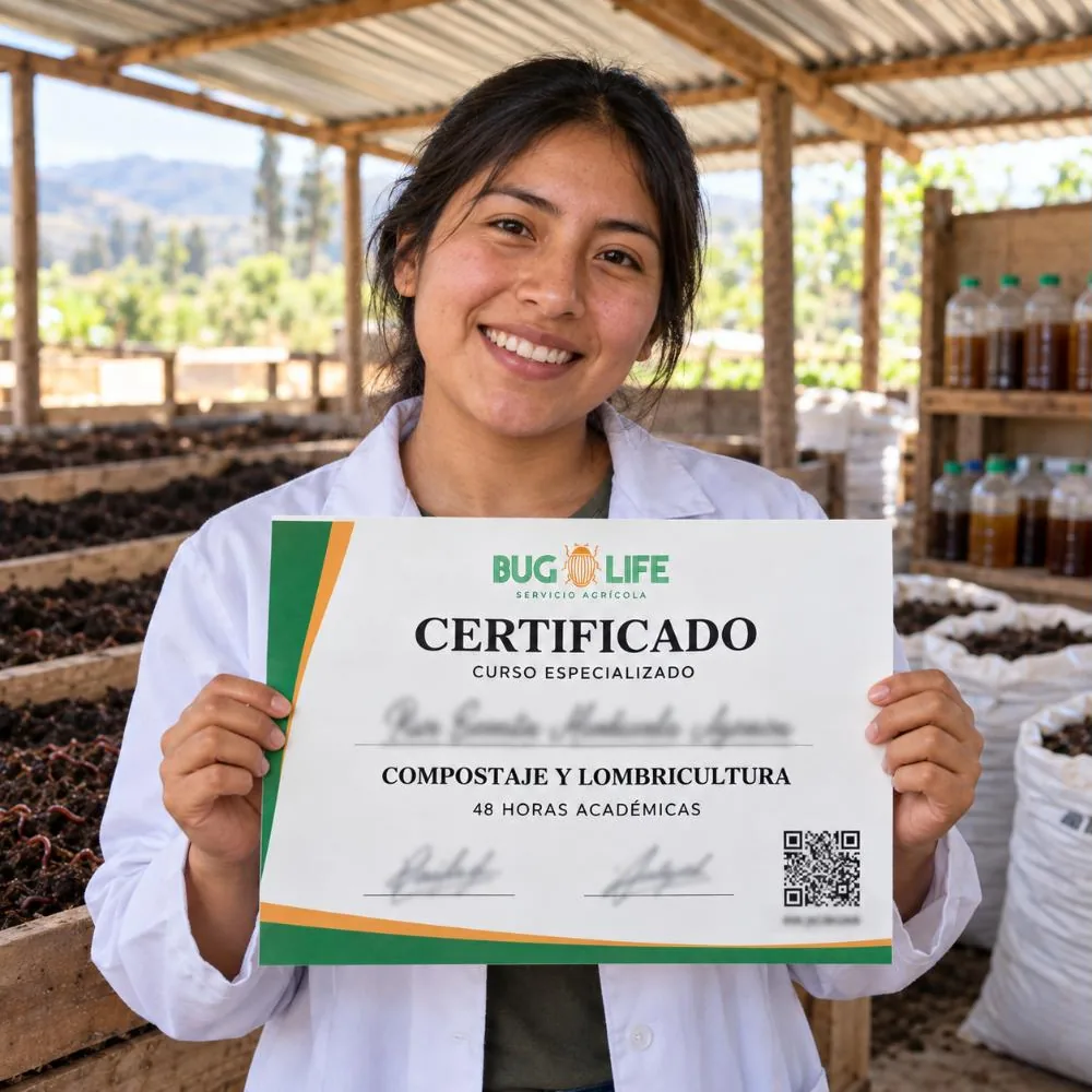 Alumna de Bug Life Perú junto a las camas de lombricultura mostrando su certificado del curso de compostaje y lombricultura