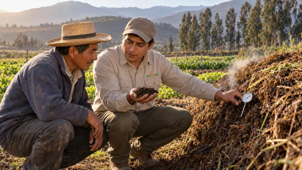 Agrónomo de Bug Life Perú junto a una pila de compost en una chacra andina, midiendo su temperatura con un termómetro y mostrando a un agricultor un puñado de compost maduro